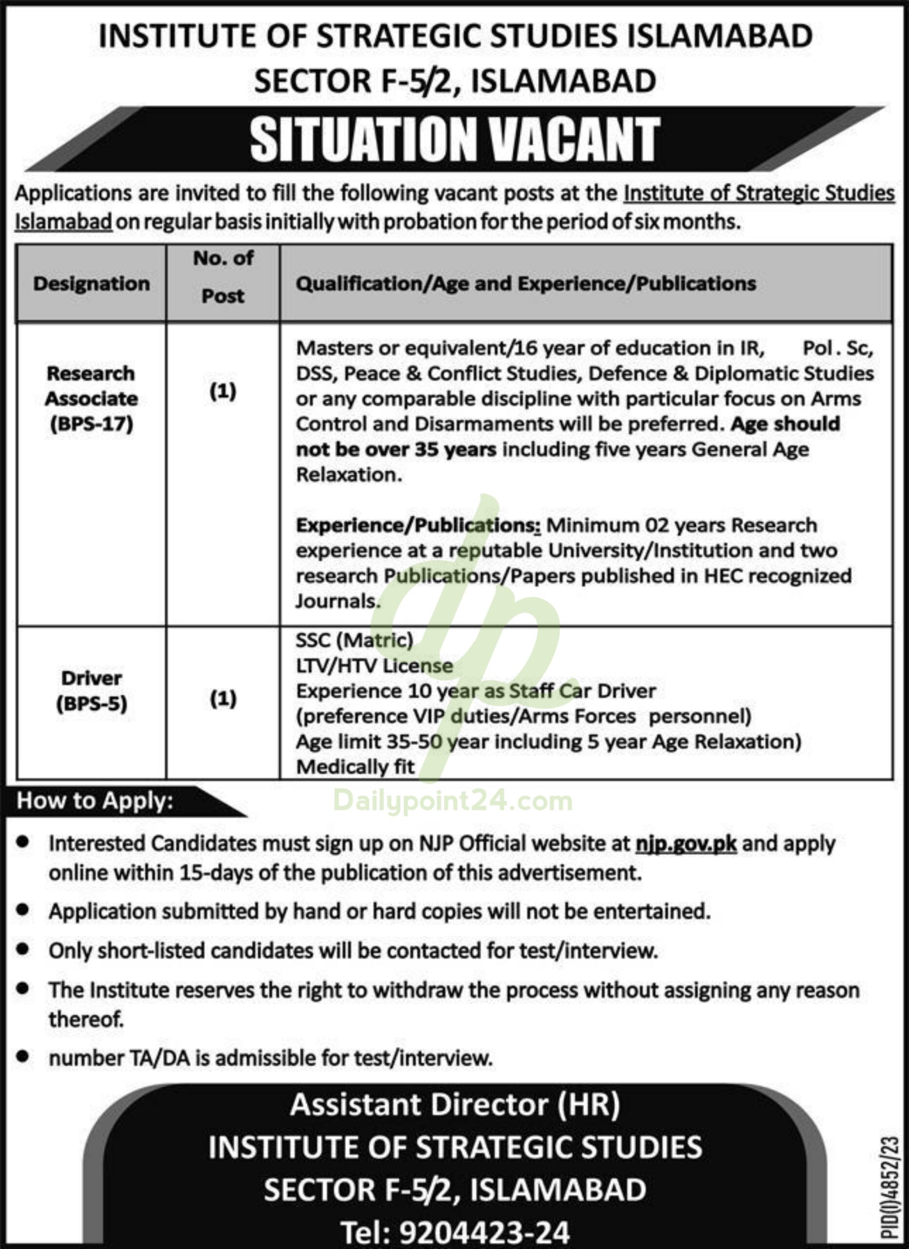 Institute Of Strategic Studies Islamabad Jobs 2024
Latest The Institute of Strategic Studies Management Posts Islamabad 2024