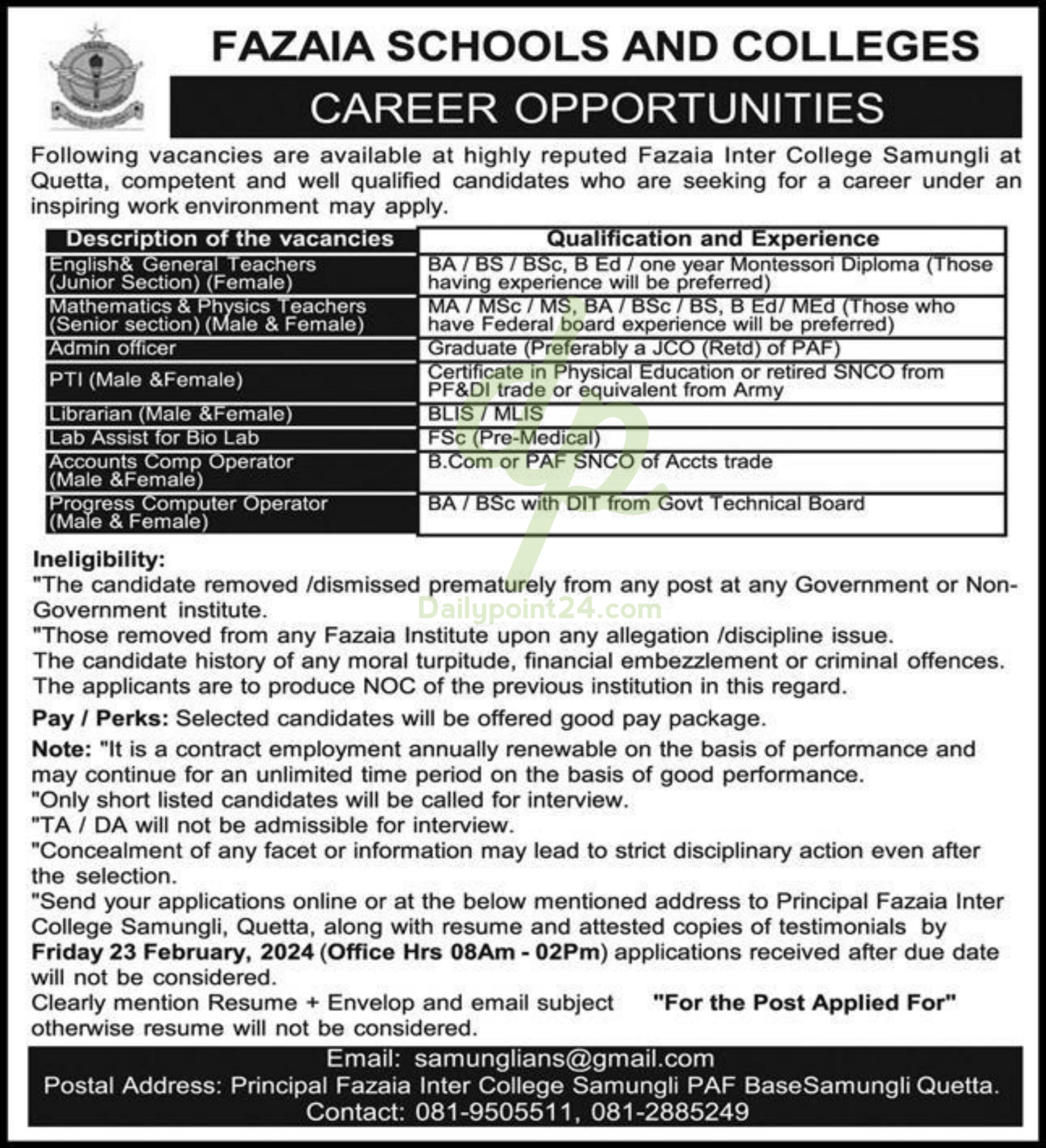 Fazaia Schools And Colleges Jobs 2024
Latest Fazaia Schools and Colleges Education Posts Quetta 2024