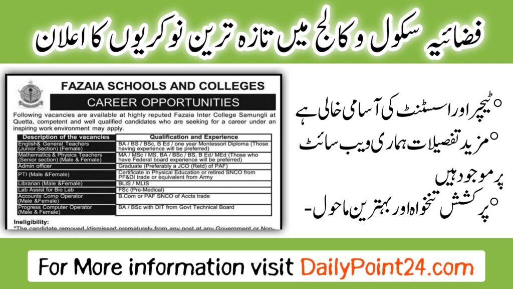 Fazaia Schools And Colleges Jobs 2024 Latest Fazaia Schools and Colleges Education Posts Quetta 2024