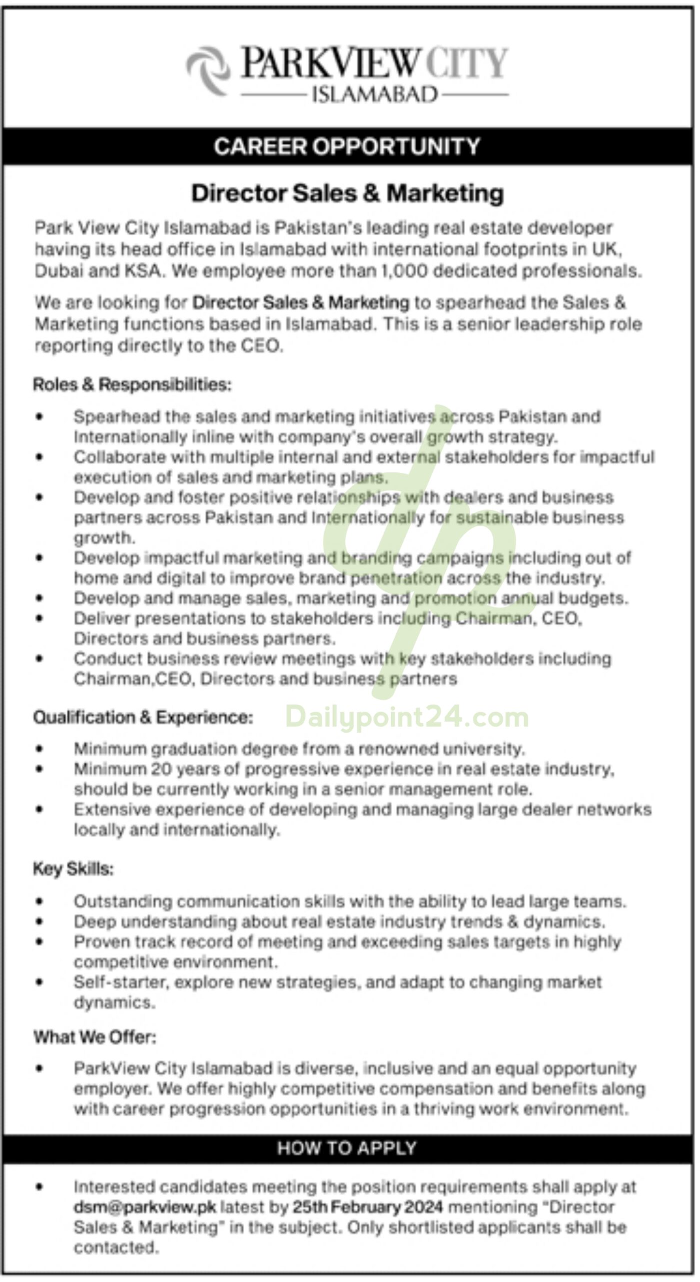 Park View City Islamabad Jobs For Director Sales & Marketing
Job Announcement At Park View City Islamabad 2024