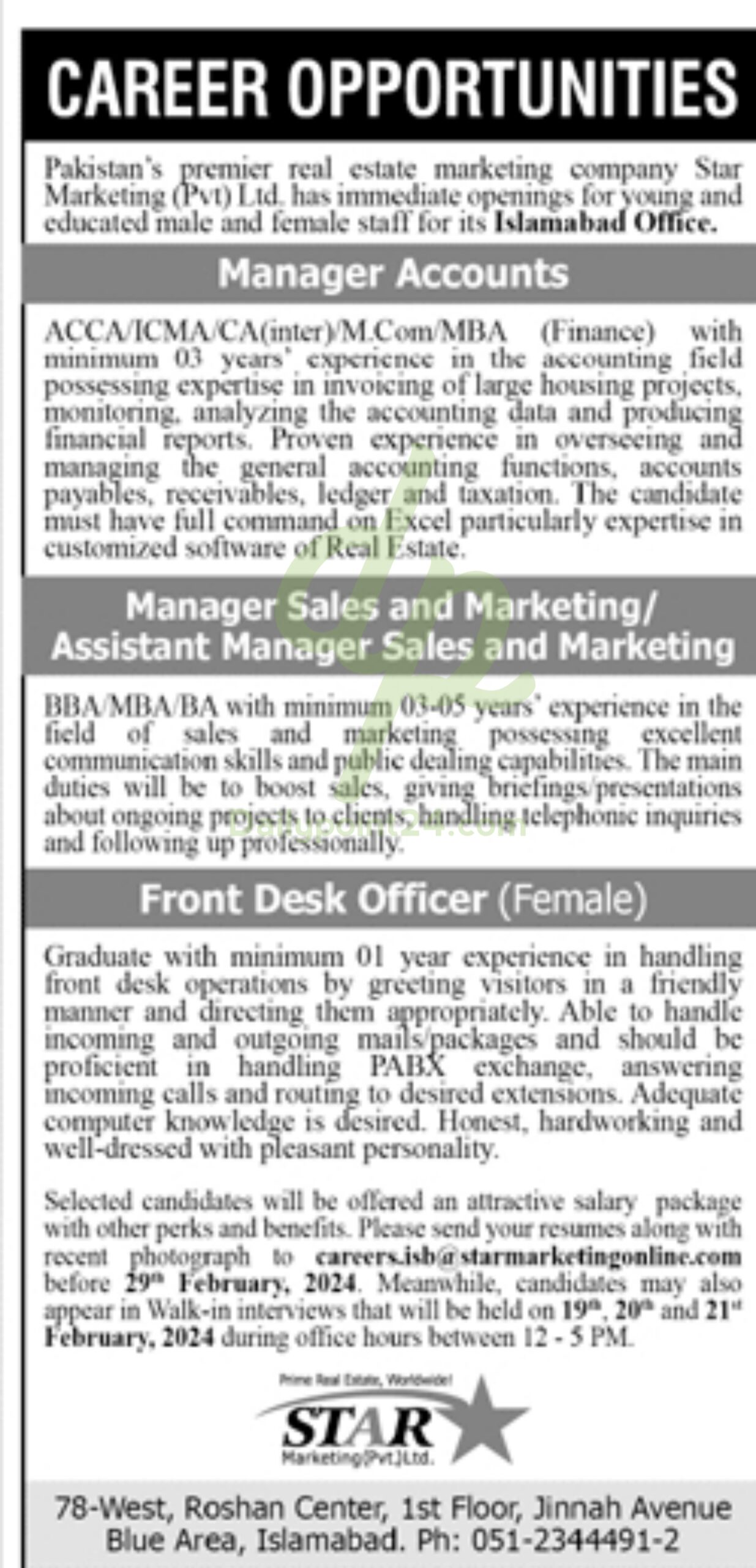 Job Openings At Star Marketing
Latest Star Marketing Pvt Limited Management Posts Islamabad 2024