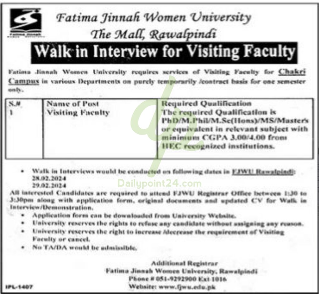 Fatima Jinnah Women University Rawalpindi Jobs Interview 2024
Fatima Jinnah Women University Jobs in Rawalpindi 2024