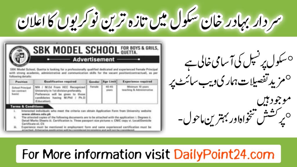 Job Position At SBK Model School Quetta Sbk Model School For Boys And Girls Quetta Jobs 2024