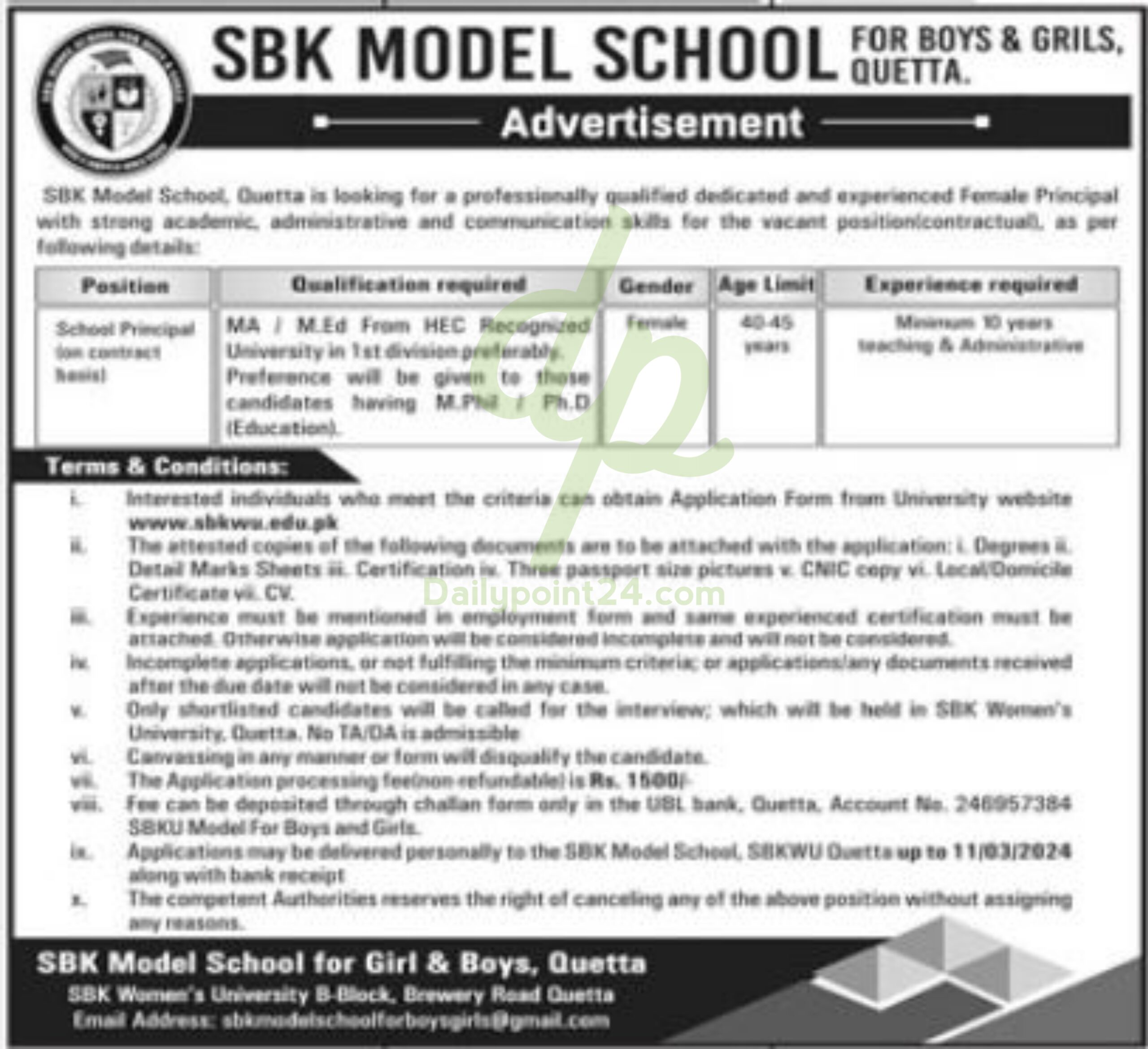 Job Position At SBK Model School Quetta
Sbk Model School For Boys And Girls Quetta Jobs 2024