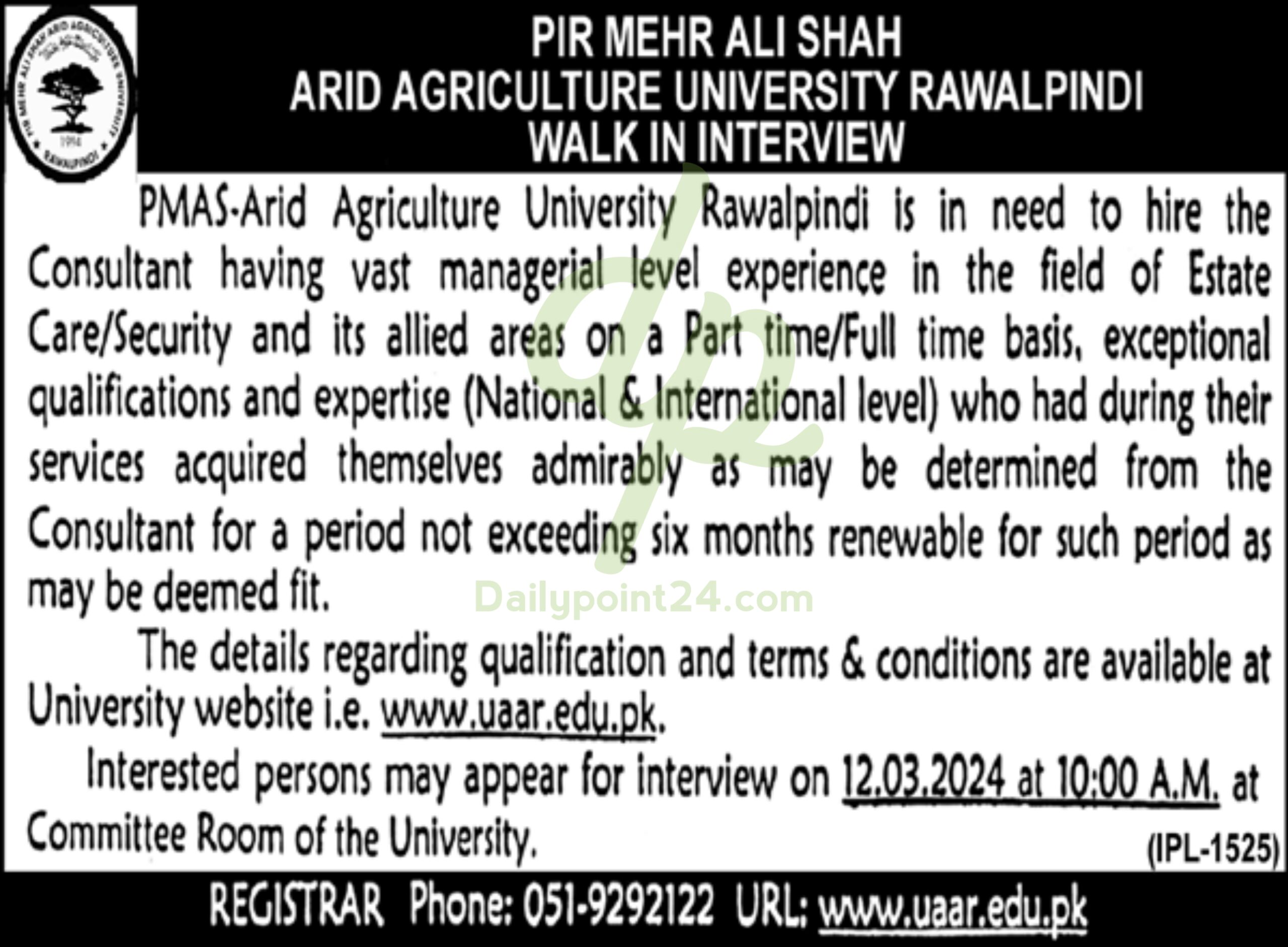 PMAS Arid Agriculture University Job Interviews 2024