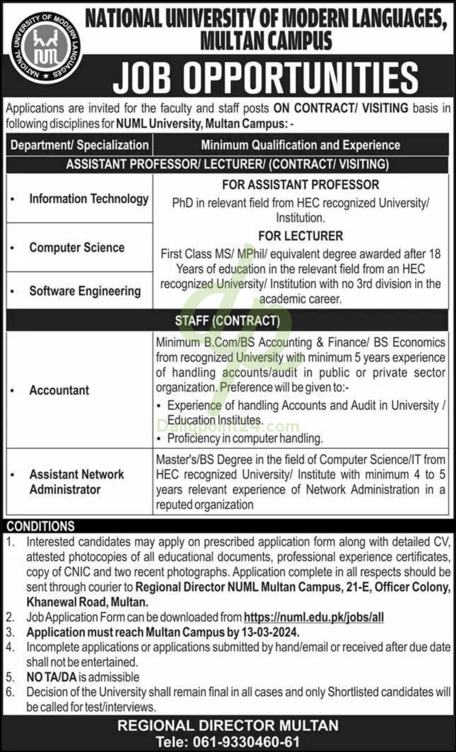 National University of Modern Languages NUML Multan Campus jobs 2024