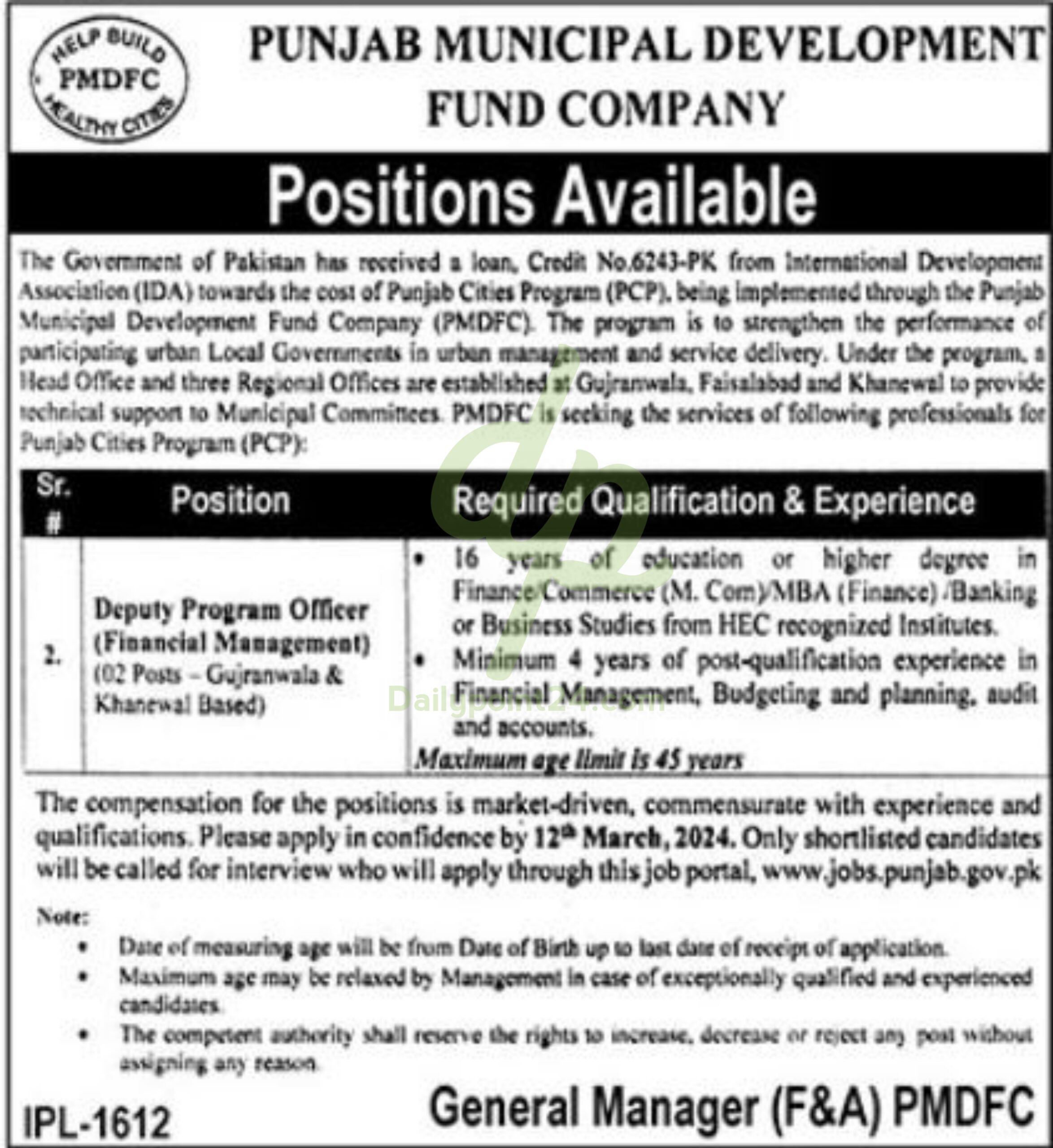 Punjab Municipal Development Fund Company PMDFC Jobs 2024 Deputy Program Officer Jobs In PMDFC Lahore