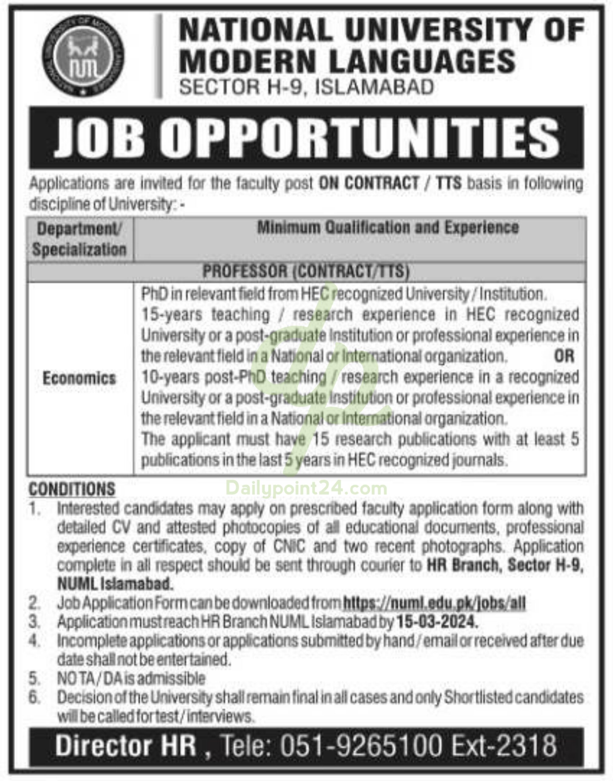 National University of Modern Languages NUML Jobs Islamabad 2024