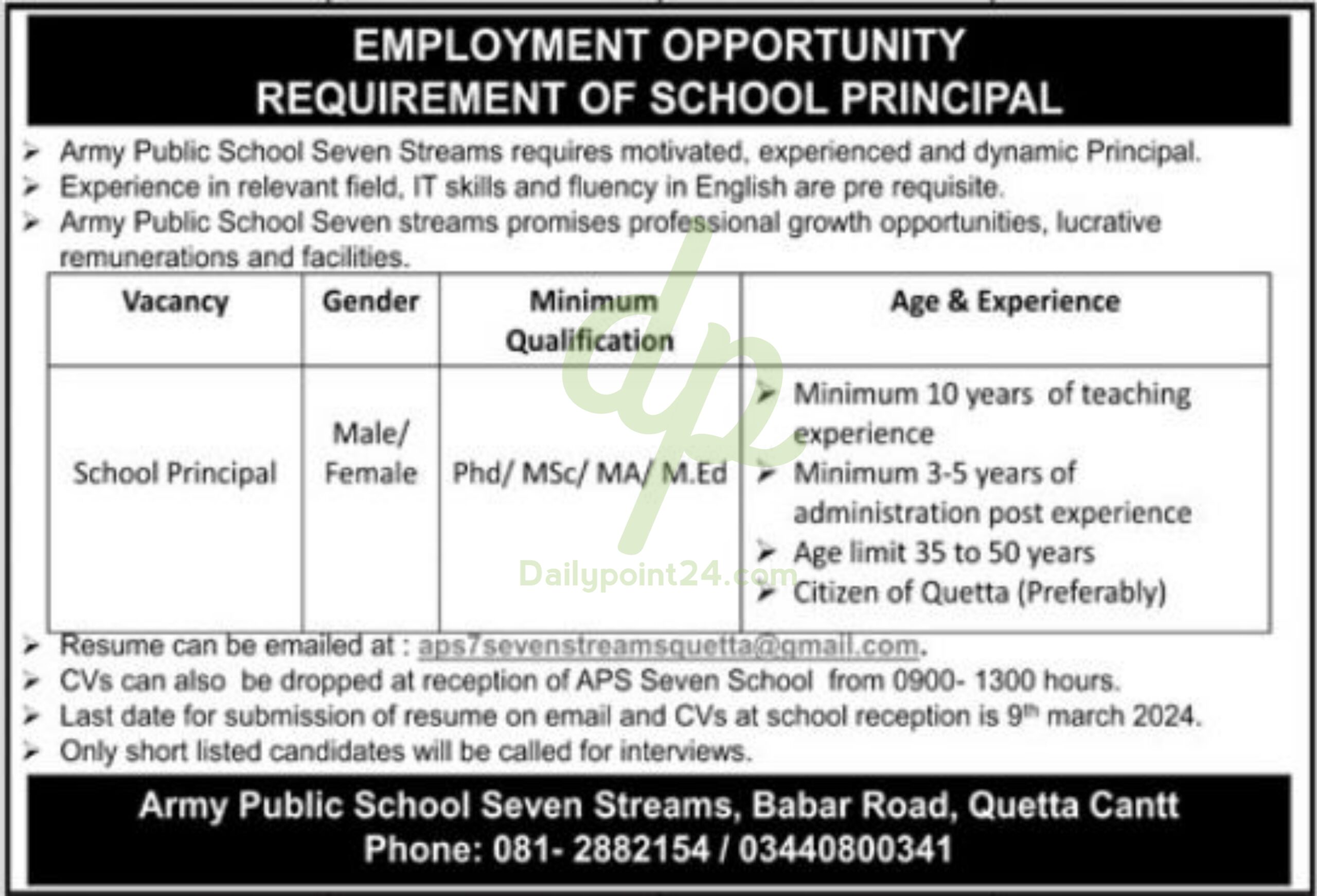 Army Public School Seven Streams Jobs in Quetta Cantt 2024