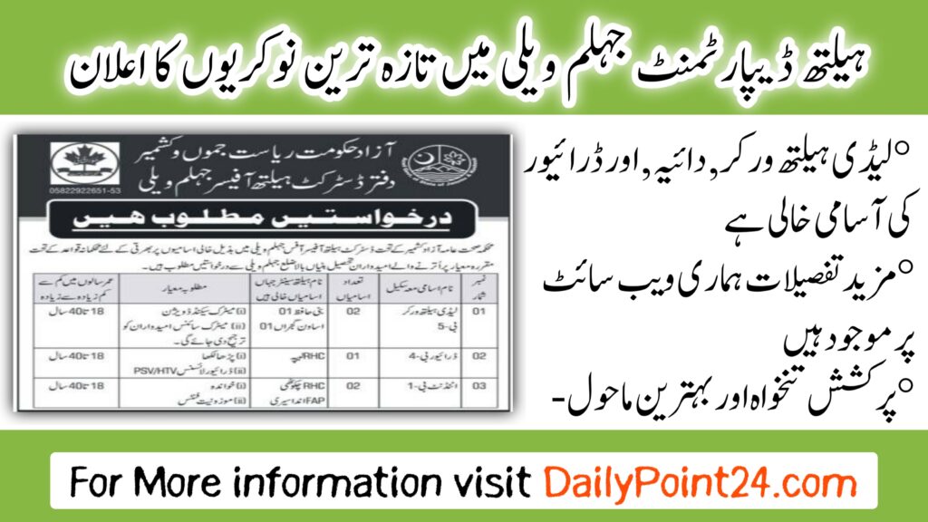 Latest Health Department Jhelum Valley Jobs 2024