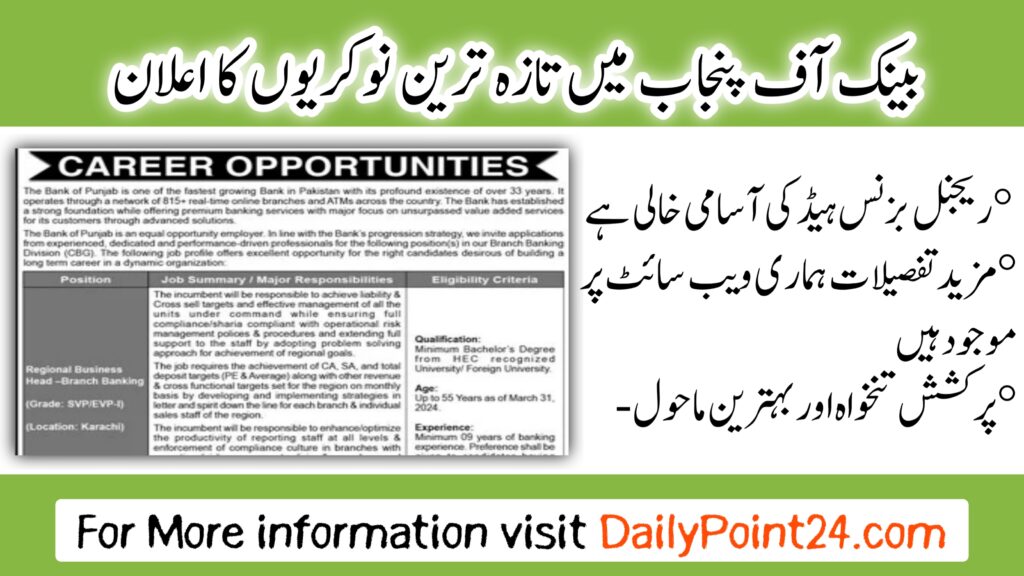 Latest Jobs in Bank of Punjab BOP 2024 Apply Online