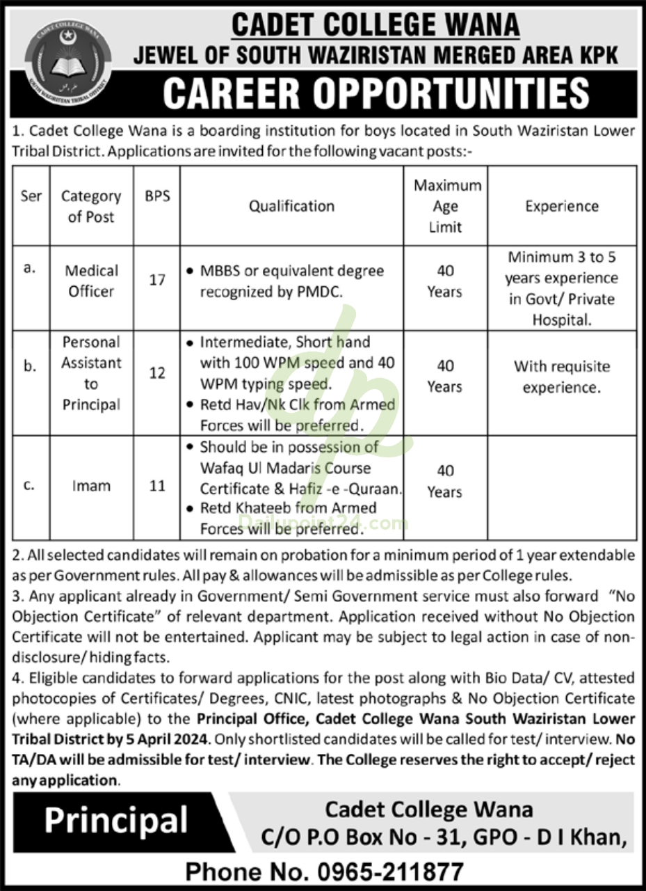 Latest Cadet College Dera Ismail Khan Jobs 2024