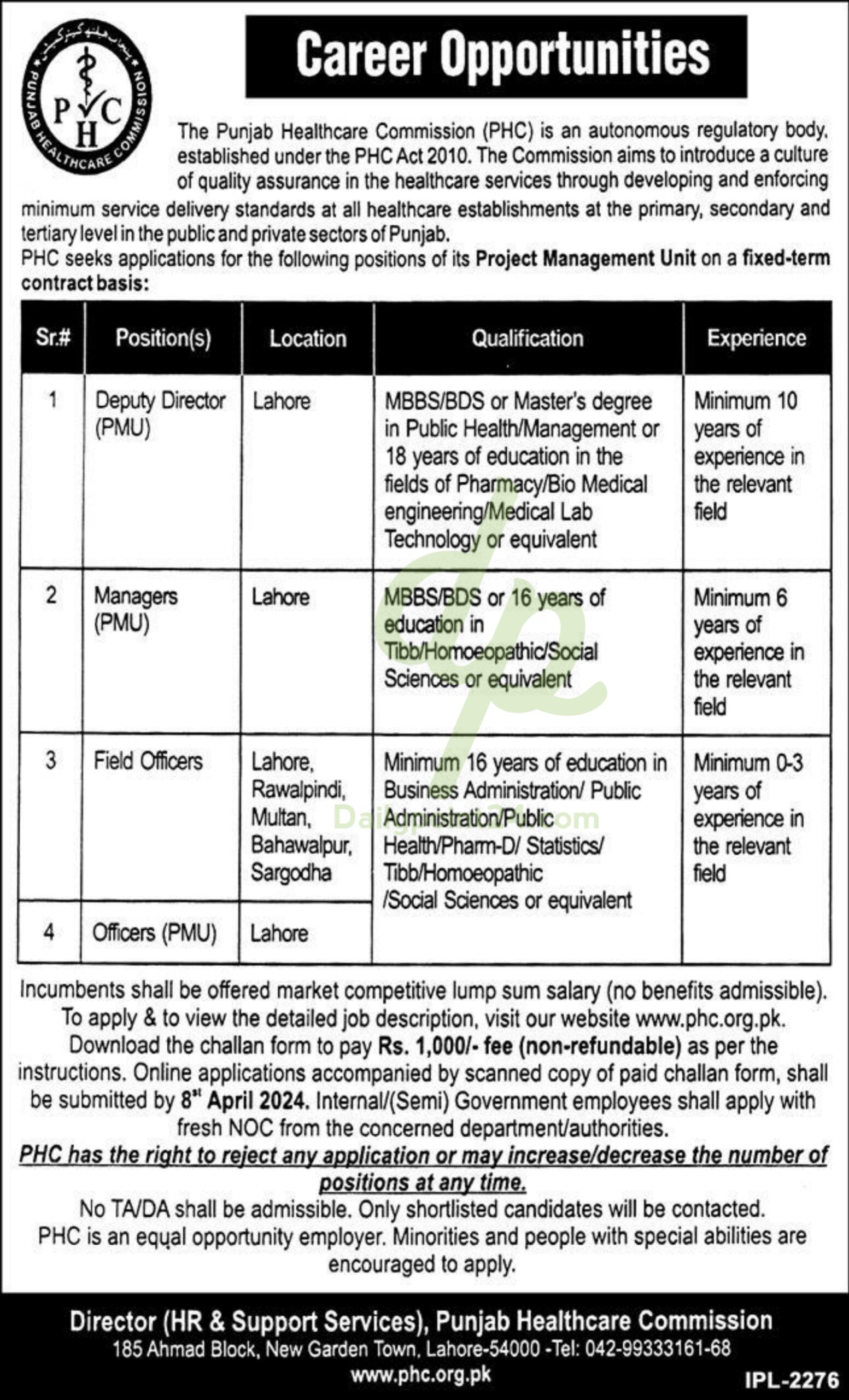 Latest Punjab Healthcare Commission PHC Jobs 2024 