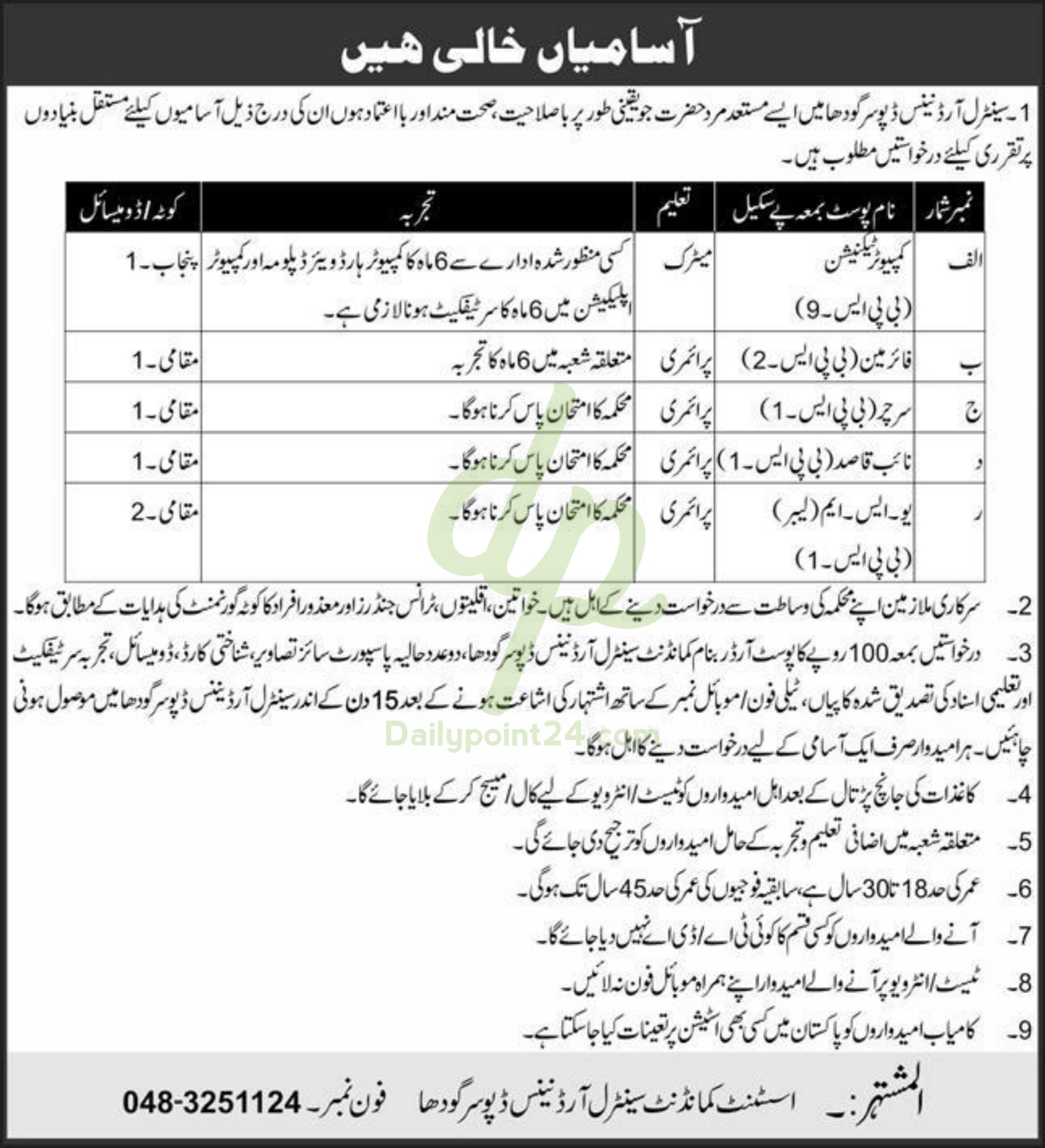 Central Ordnance Depot COD Sargodha Jobs 2024