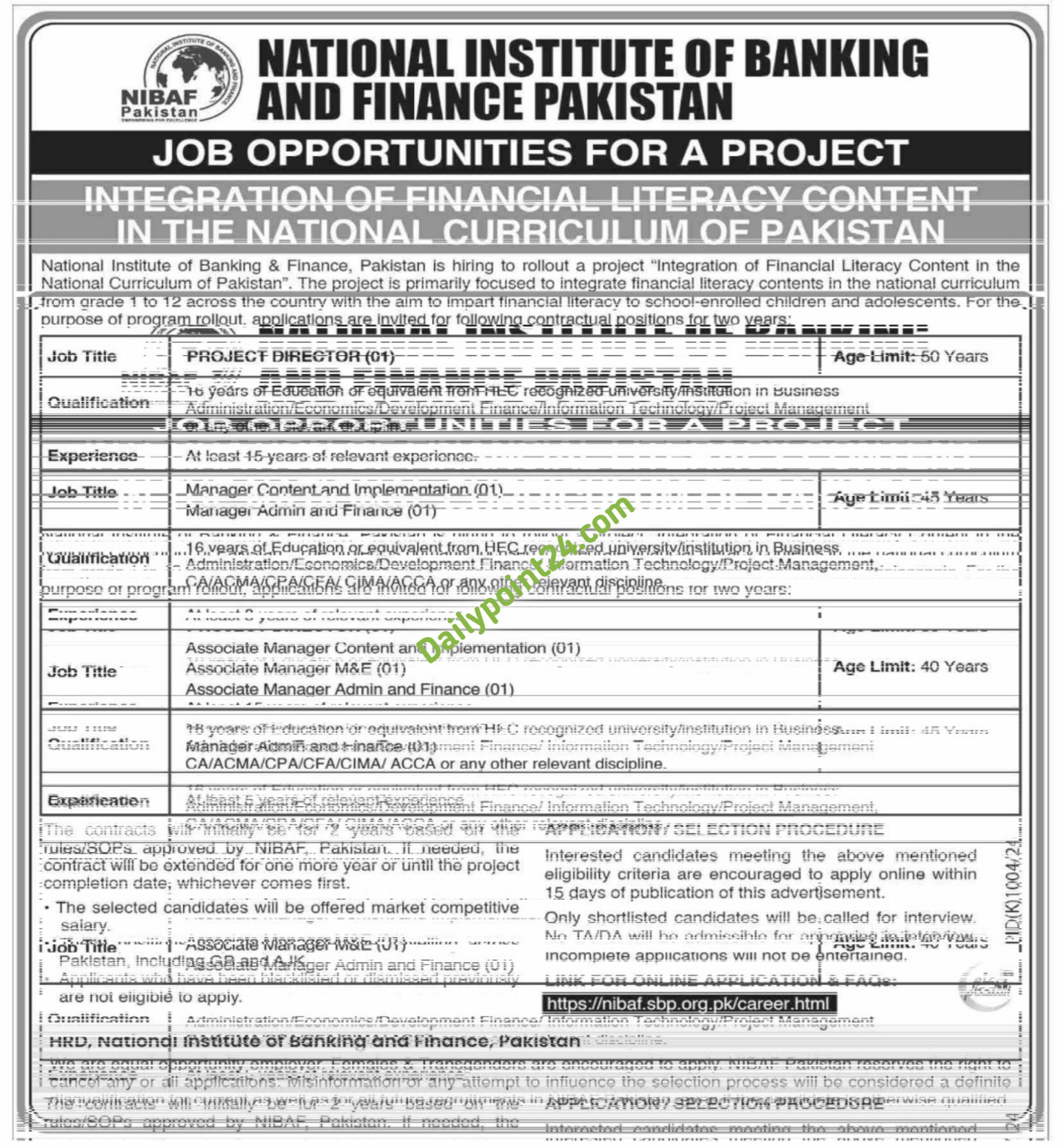 National Institute of Banking and Finance Islamabad Job 2024
National Institute of Banking & Finance NIBAF Jobs 2024