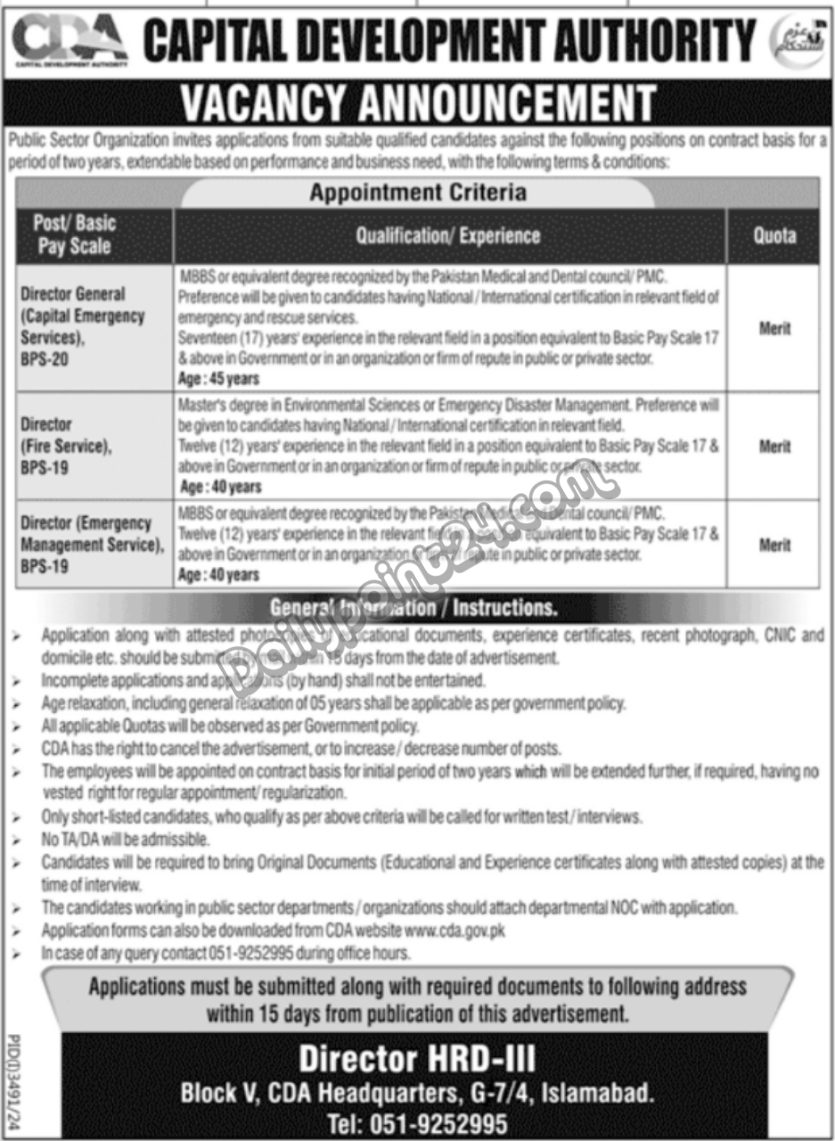 Capital Development Authority CDA Islamabad Jobs 2024